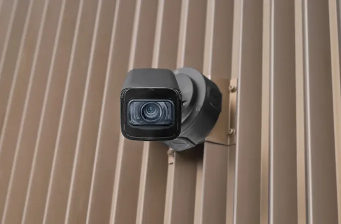 Eine Videokamera, welche auf den Betrachter gerichtet ist, an einer Gebäudewand.